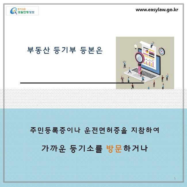 부동산 등기부 등본은 주민등록증이나 운전면허증을 지참하여 가까운 등기소를 방문하거나